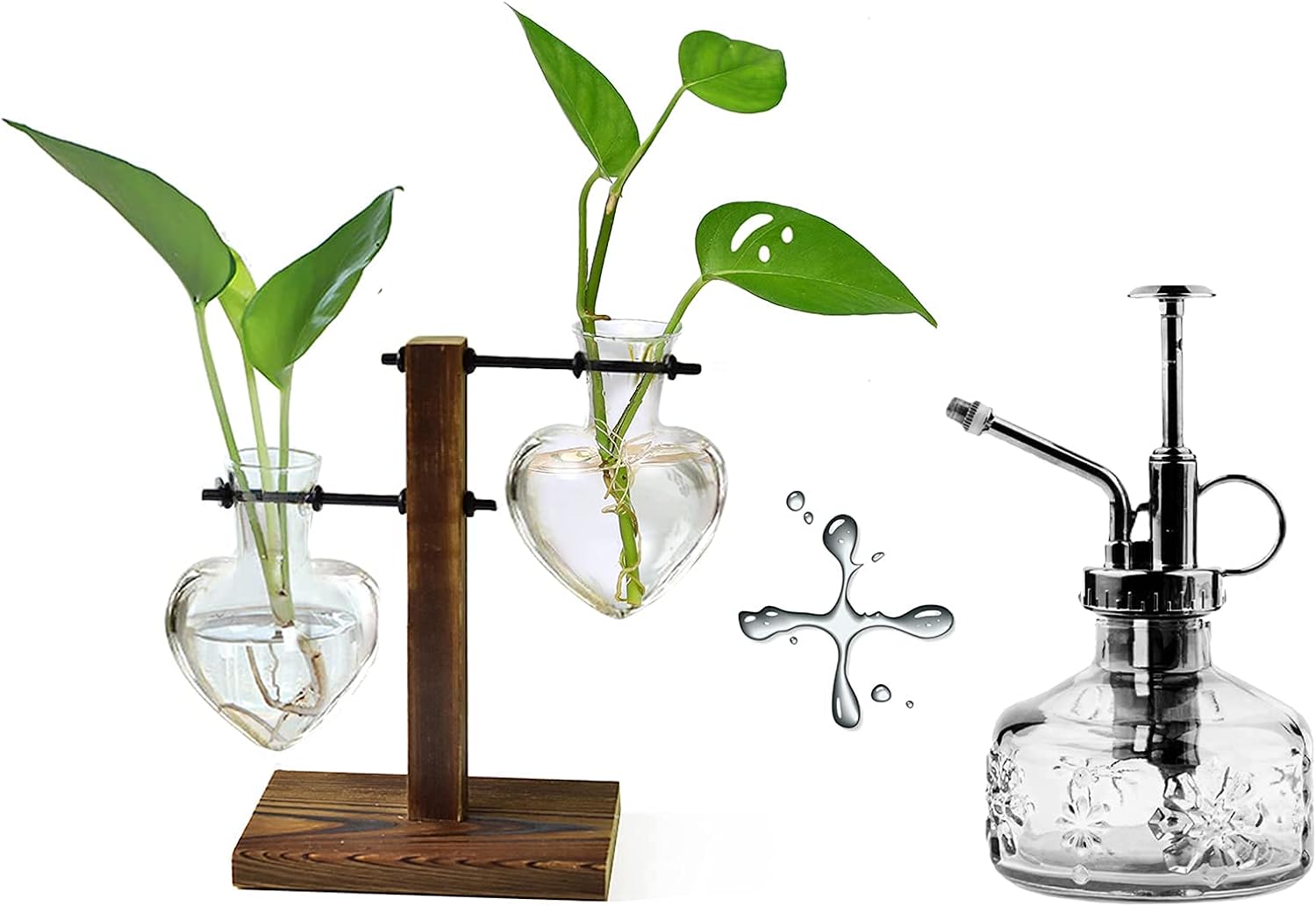 XXXFLOWER Plant Terrarium Wooden Stand and Glass Watering Spray Bottle Vintage Heart Planter Vase Mister Watering Can for Succulent Hydroponics Plant for Indoor Outdoor Home Office Garden