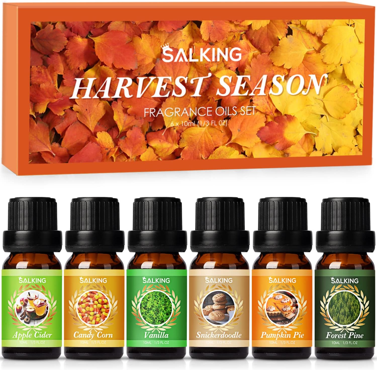 SALKING Autumn Fragrance Oils, Premium Fall Essential Oils for Diffuser, Scented Oils Gift Set for Soap Candle Making Scents - Candy Corn, Pumpkin Pie, Apple Cider, Vanilla, Forest Pine, Snickerdoodle