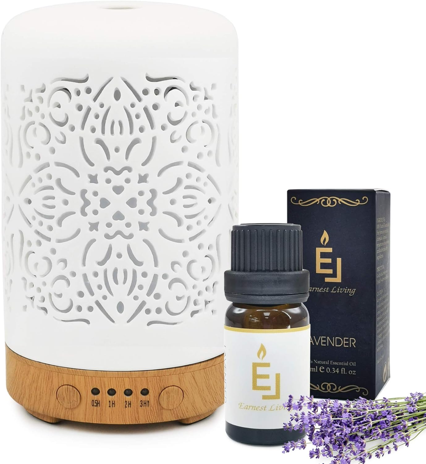 Earnest Living Essential Oil Diffuser with Essential Oil Lavender (10ml) Timers Night Lights and Auto Off Function Home Office Humidifier Aromatherapy Diffusers