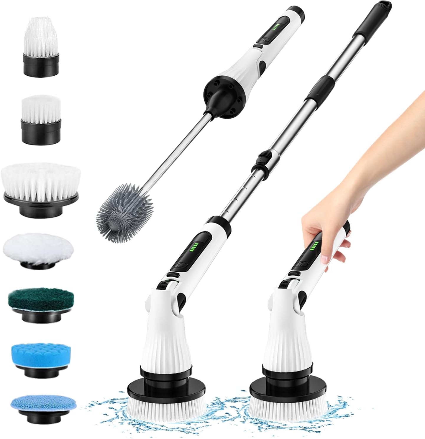 Leebein Electric Spin Scrubber, Electric Cleaning Brush with 8 Replaceable Brush Heads & Extra Toilet Brush, Adjustable & Detachable Long Handle, Cordless Spin Scrubber for Bathroom, Tub, Tile, Toilet