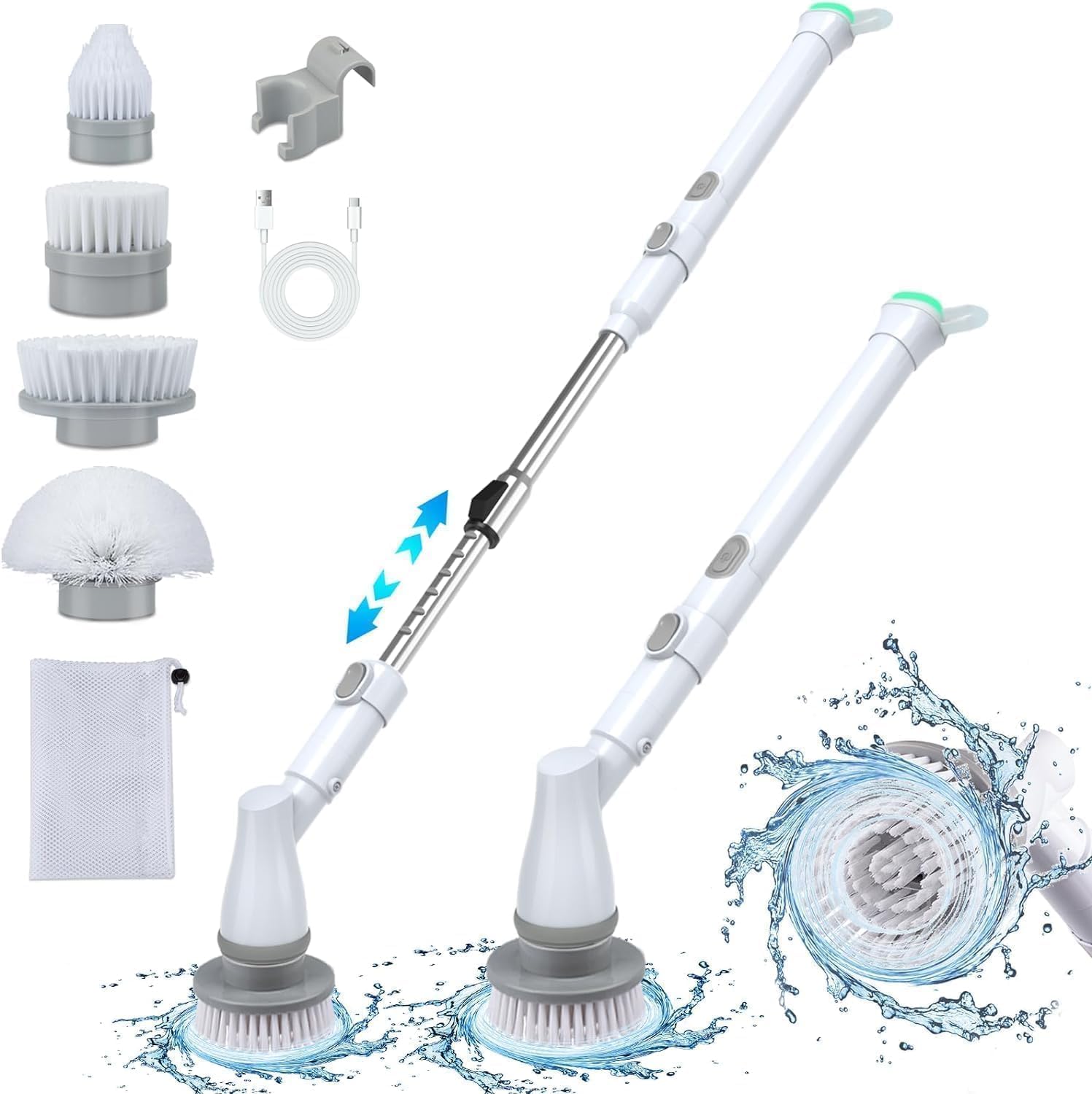 Electric Spin Scrubber, Cordless Shower Scrubber Up to 400RPM Dual Speeds, Bathroom Scrubber with 4 Replacement Heads & Adjustable Extension Arm, Power Cleaning Brush for Bathtub Grout Tile Floor