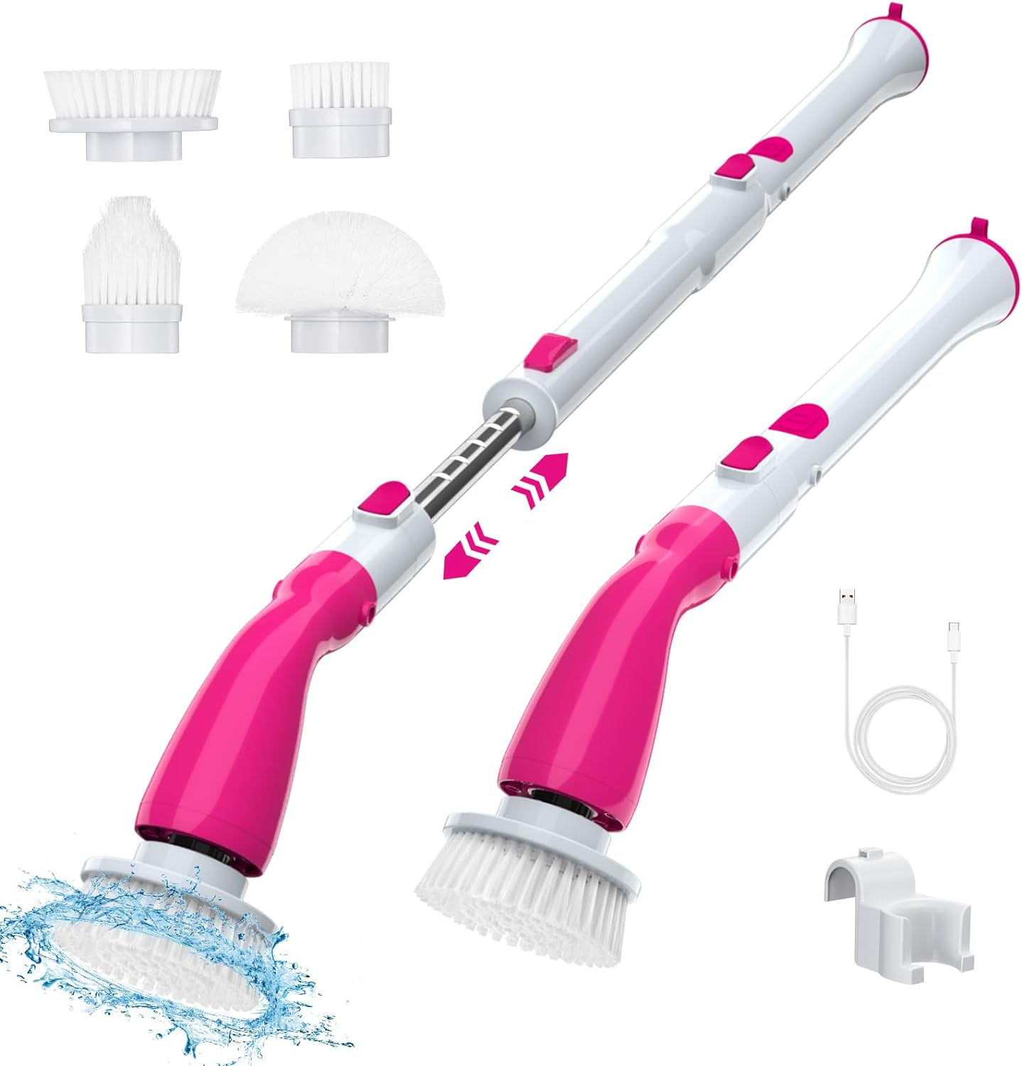 Pink Electric Spin Scrubber, 2023 New Cordless Electric Cleaning Brush with 4 Replaceable Brush Heads and Adjustable Extension Handle, Shower Scrubber for Bathroom Floor Tub Tile