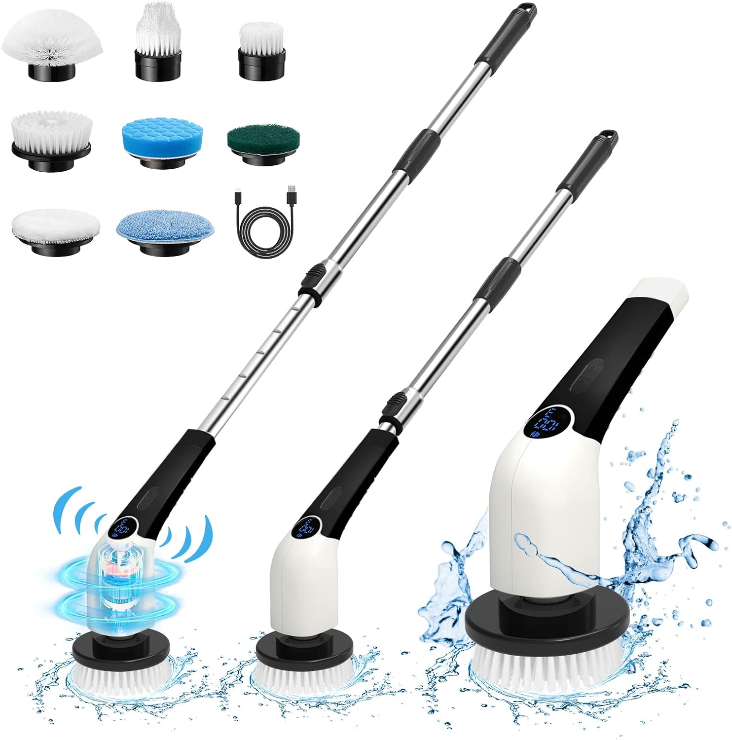 Electric Spin Scrubber, 2024 New Cordless Voice Prompt Shower Cleaning Brush with 8 Replaceable Brush Heads, 3 Adjustable Speeds, and Adjustable Extension Handle for Bathroom Floor Tile