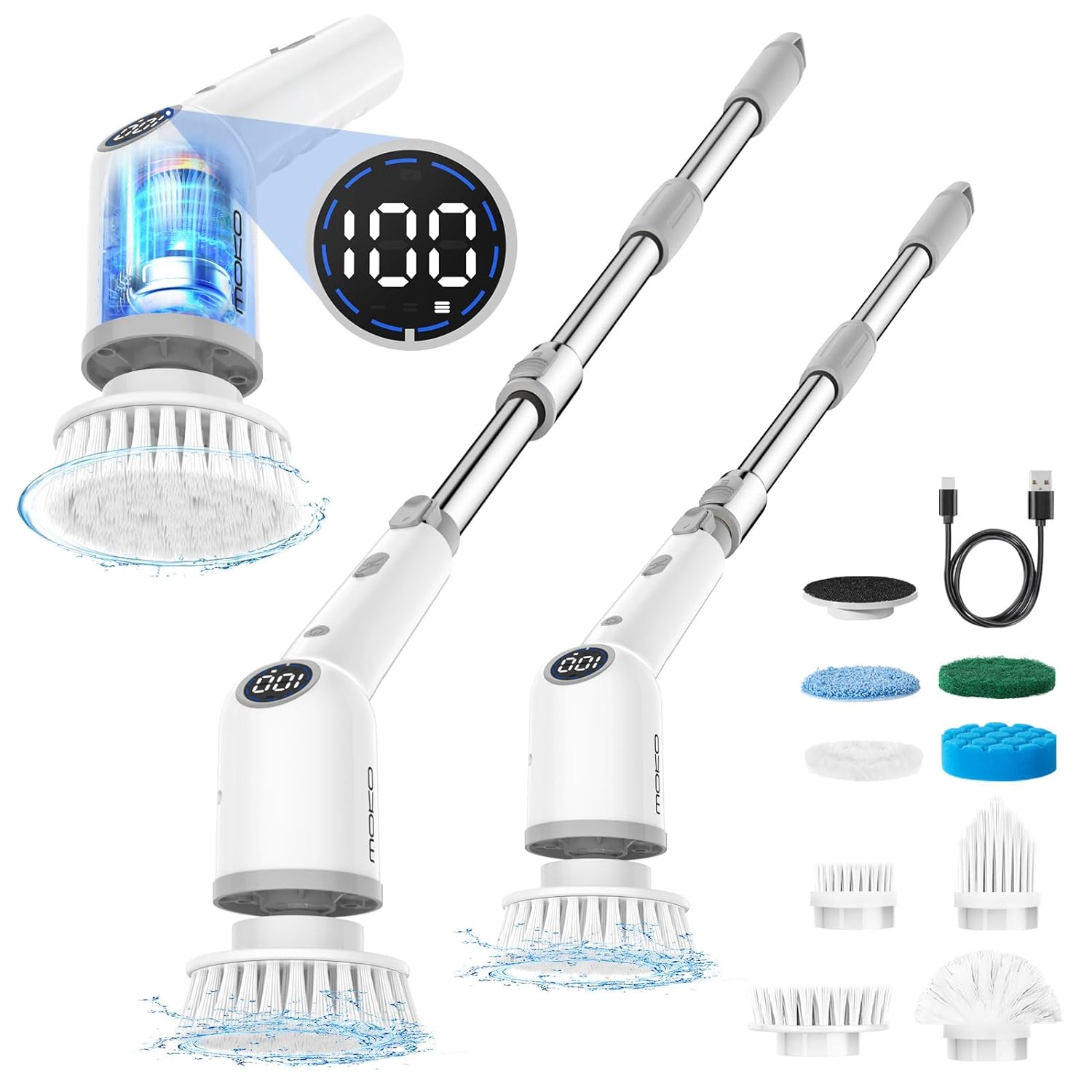 MoKo Electric Spin Scrubber, Cordless Cleaning Brush up to 490 RPM with Power Display, 9 Replaceable Brush Heads,Adjustable Extension Handle, Electric Scrubber for Cleaning Shower,Bathroom, Tub, Tile