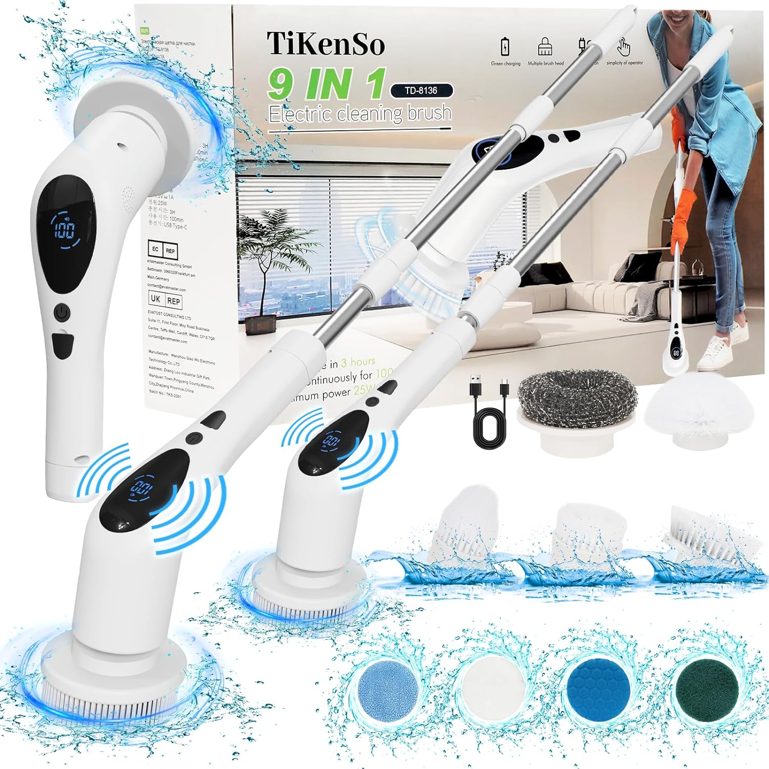 Electric Spin Scrubber, Digital Electric Scrubber with Voice Broadcasting Function and 9 Interchangeable Heads 3 Adjustable Speeds Bathroom Scrubber Electric for Kitchen Bathroom Tile Floor Windows