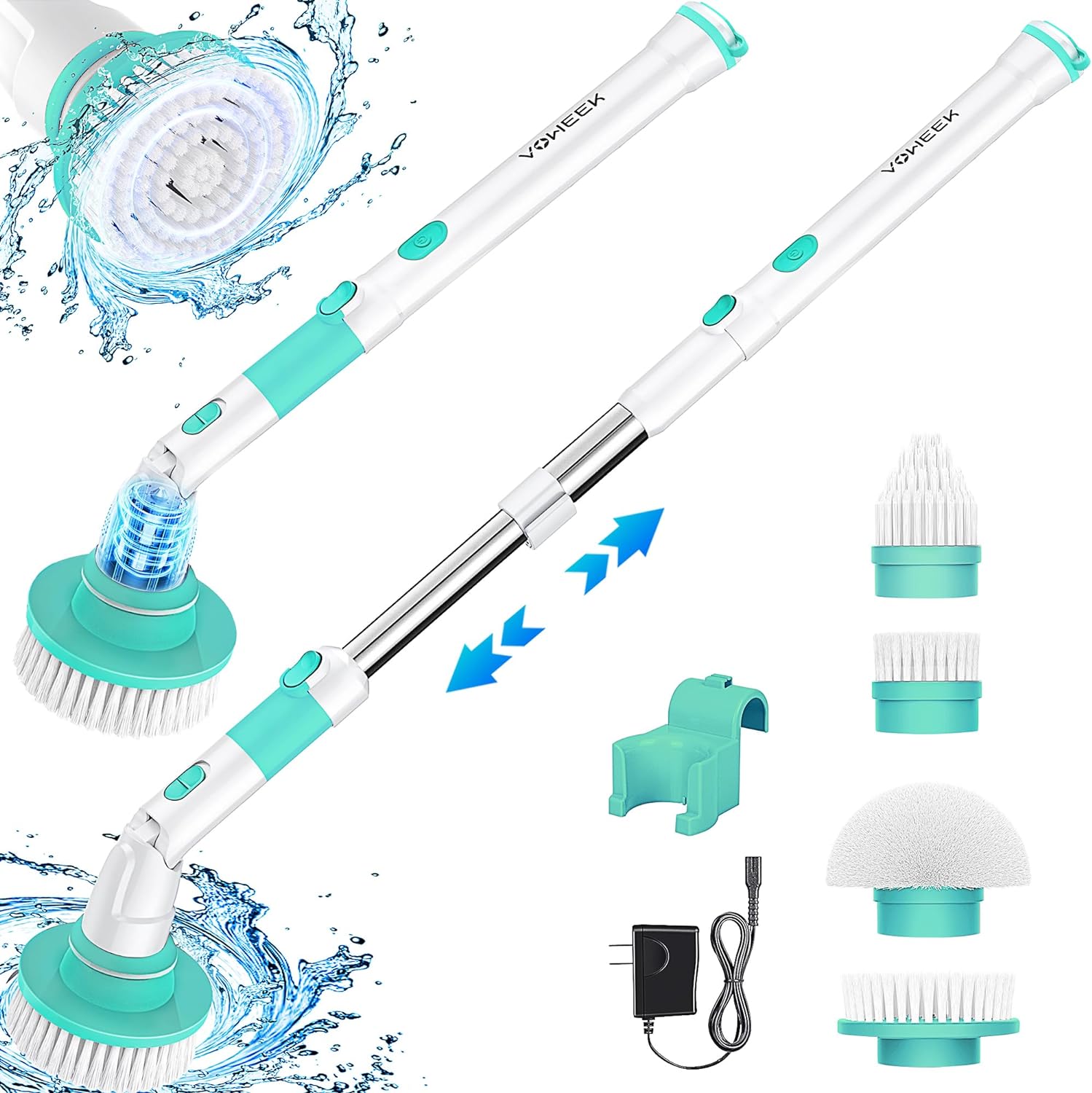 Voweek Electric Spin Scrubber, Cordless Shower Cleaning Brush with Adjustable Long Handle, 4 Replaceable Brush Heads, 2 Rotating Speeds, Electric Scrubber for Bathroom, Tub, Tile, Shower, Floor