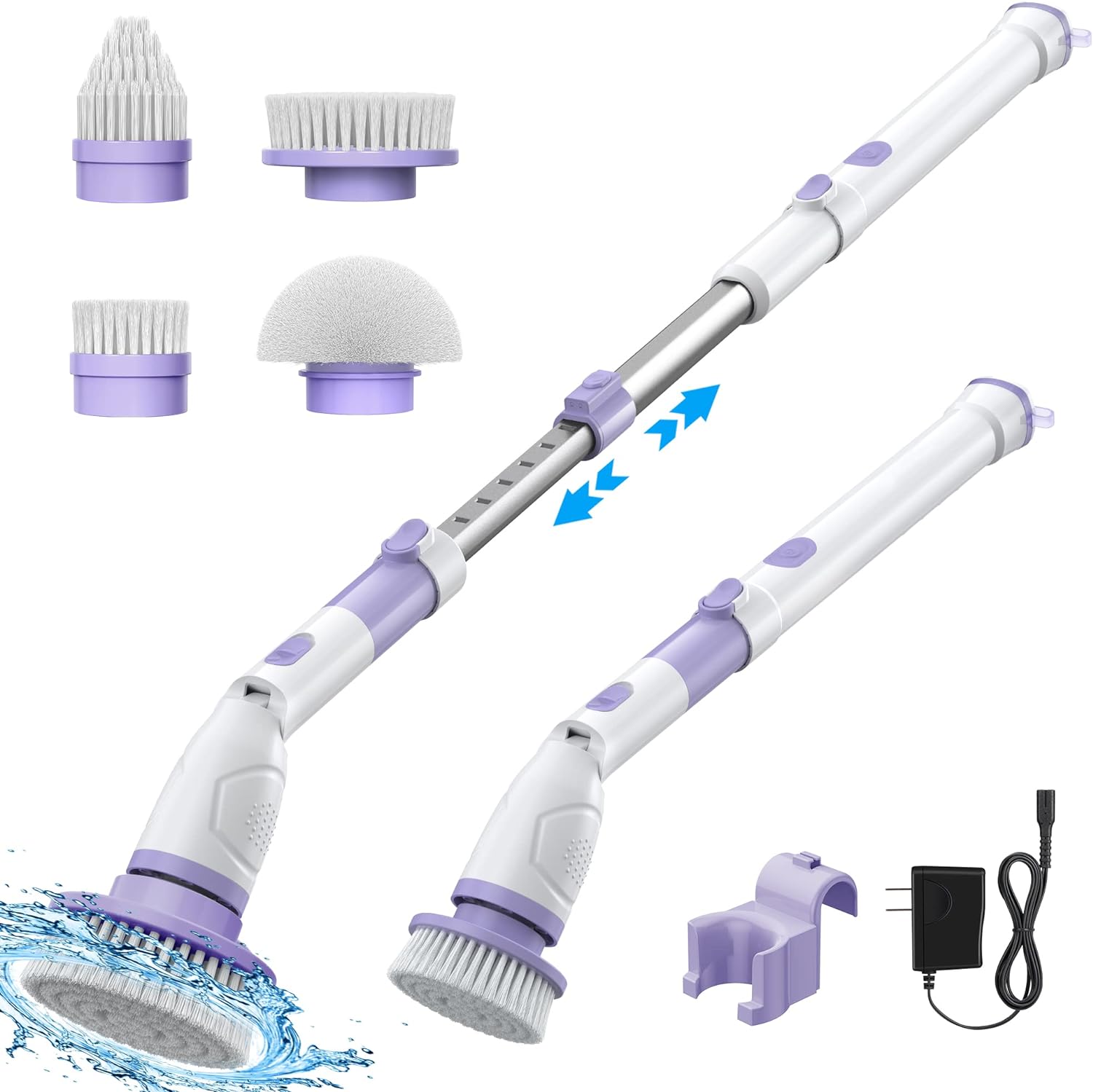 Voweek Electric Spin Scrubber, Shower Cleaning Brush with 4 Replaceable Brush Heads and Adjustable Extension Arm, Cordless Household Cleaning Brush for Bathroom Tub Tile Floor - Purple