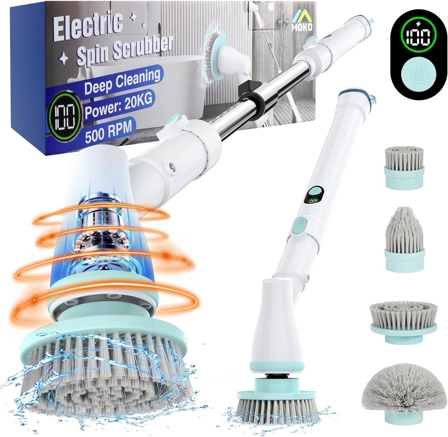 MoKo Electric Spin Scrubber, 500 RPM Cordless Spin Scrubber with Battery Power Display,Detachable Long Handle,4 Replaceable Brush Heads, Power Scrubber for Cleaning Bathroom/Tub/Tile/Grout/Floor