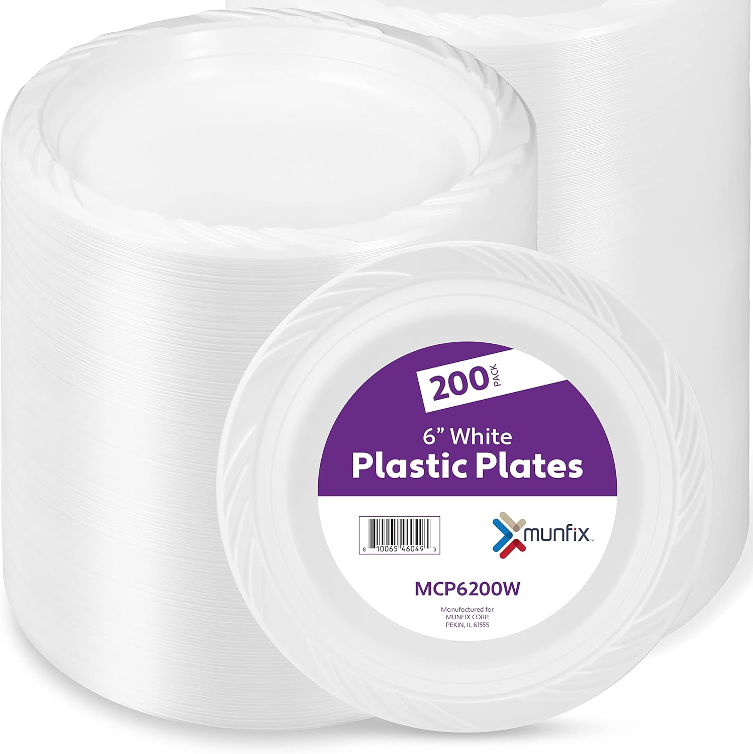 Munfix 6 Inch White Plastic Plates 200 Bulk Pack - Disposable Cake Plates for BBQ, Party, Travel and Events, Microwavable Recyclable