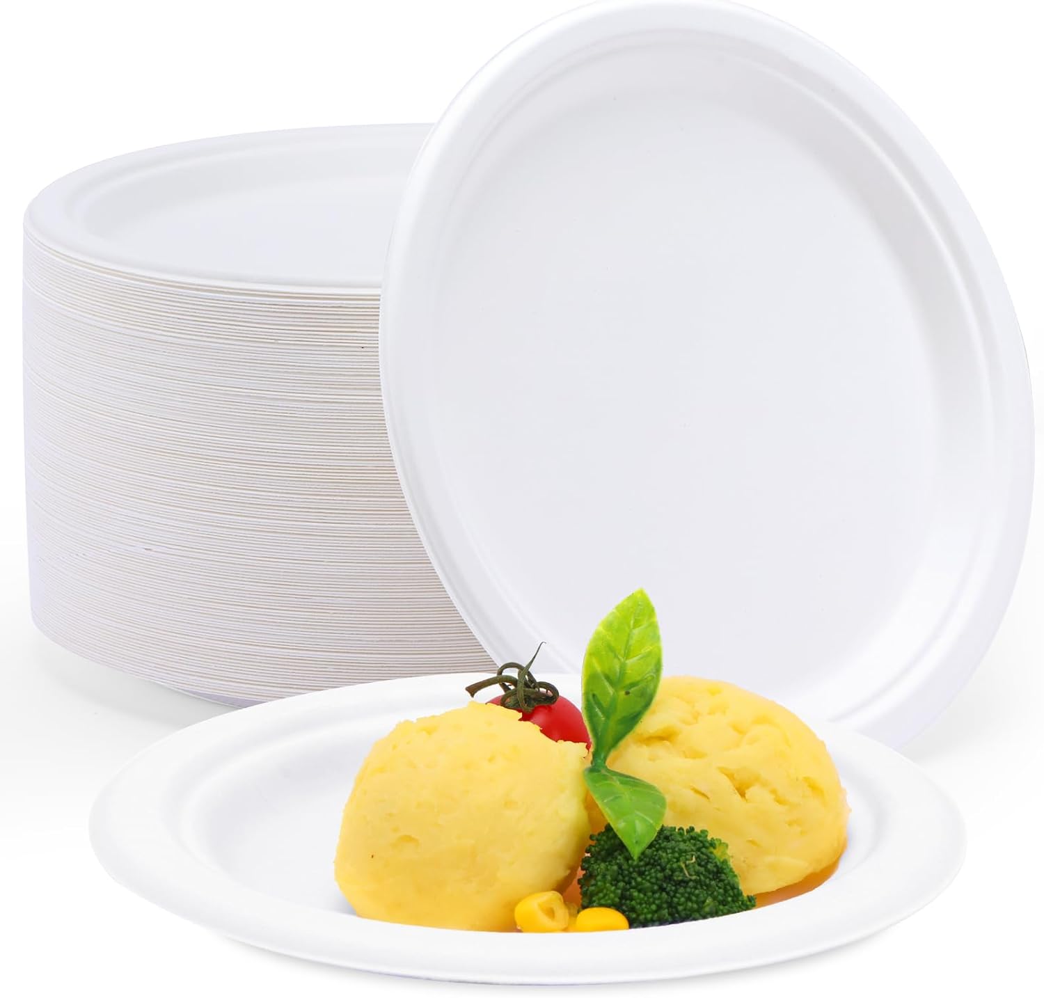 Moretoes Compostable Plates, 125 Pack 6 Inch Paper Plates, Small Paper Plates, Heavyduty Sugarcane Plates (White)