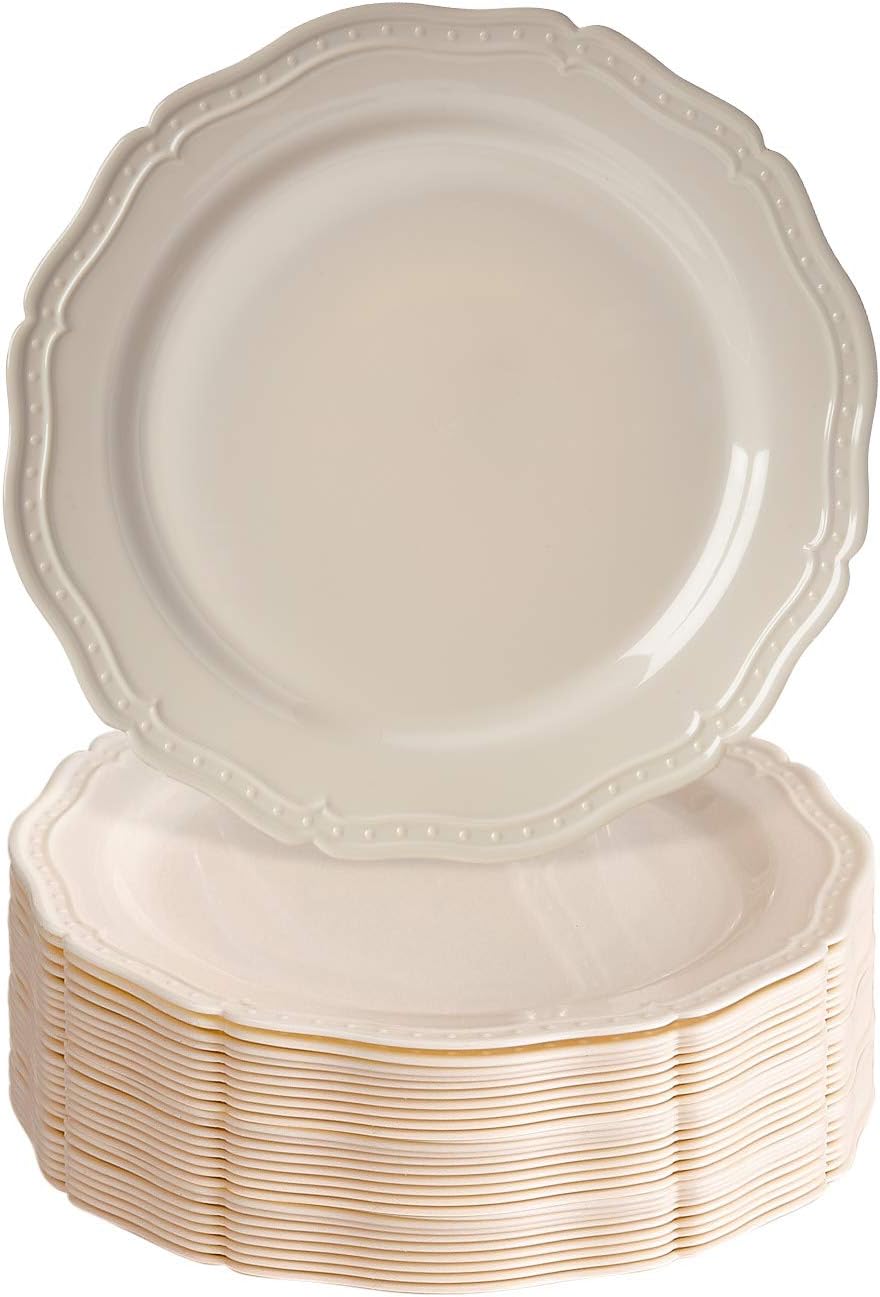 Vintage Embossed Plastic Dessert Plates for Party (20 PC) Heavy Duty Disposable Dinner Set 7.5, Fine China Look Dishes, Perfect for Upscale Weddings and Events, Cream - CountrySide Collection