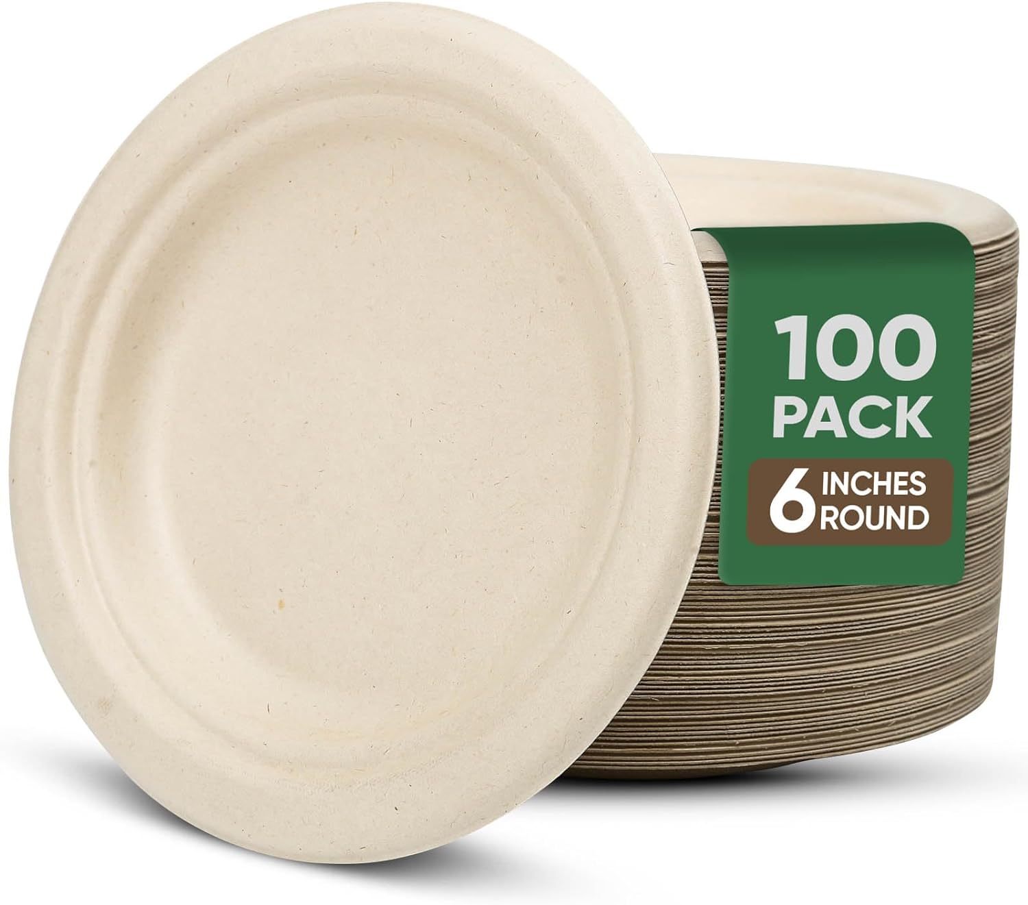 Paper Plates 6 Inches, 100 Pack Disposable Plates 100% Compostable Plates, Water & Oil Proof Dessert Plates, Microwavable Small Paper Plates, Perfect Paper Plate For Party - Brown