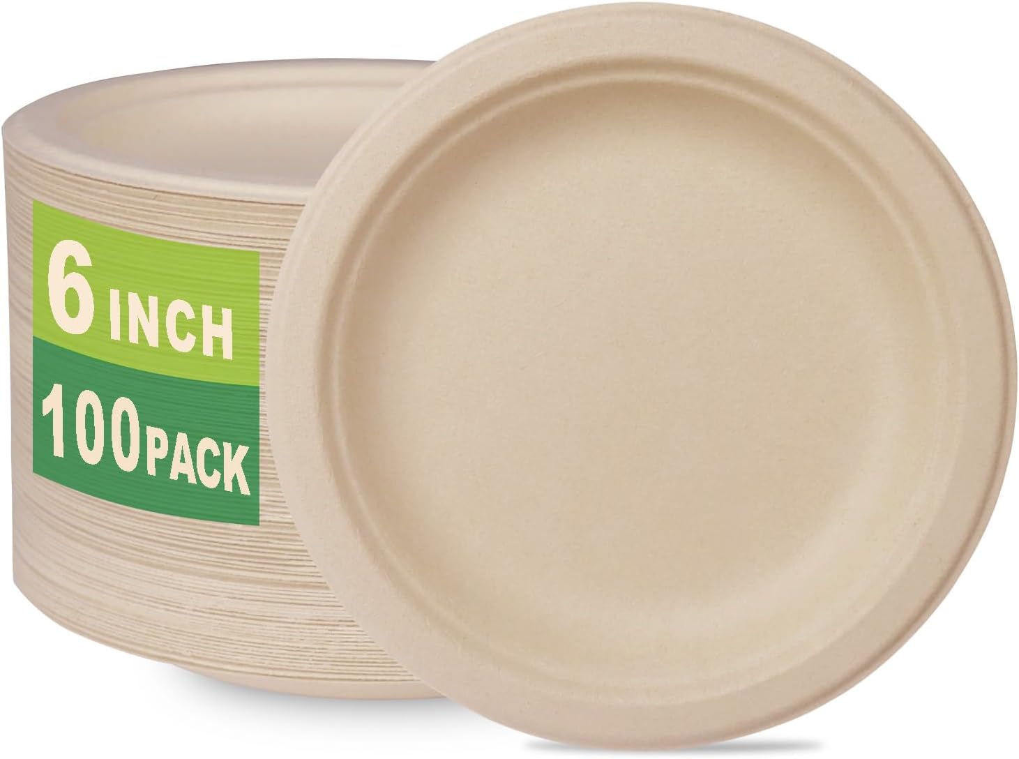 100 Count 6Compostable Dessert Plates, Heavy-duty Unbleached Biodegradable Bagasse and Bamboo fiber Paper Plates