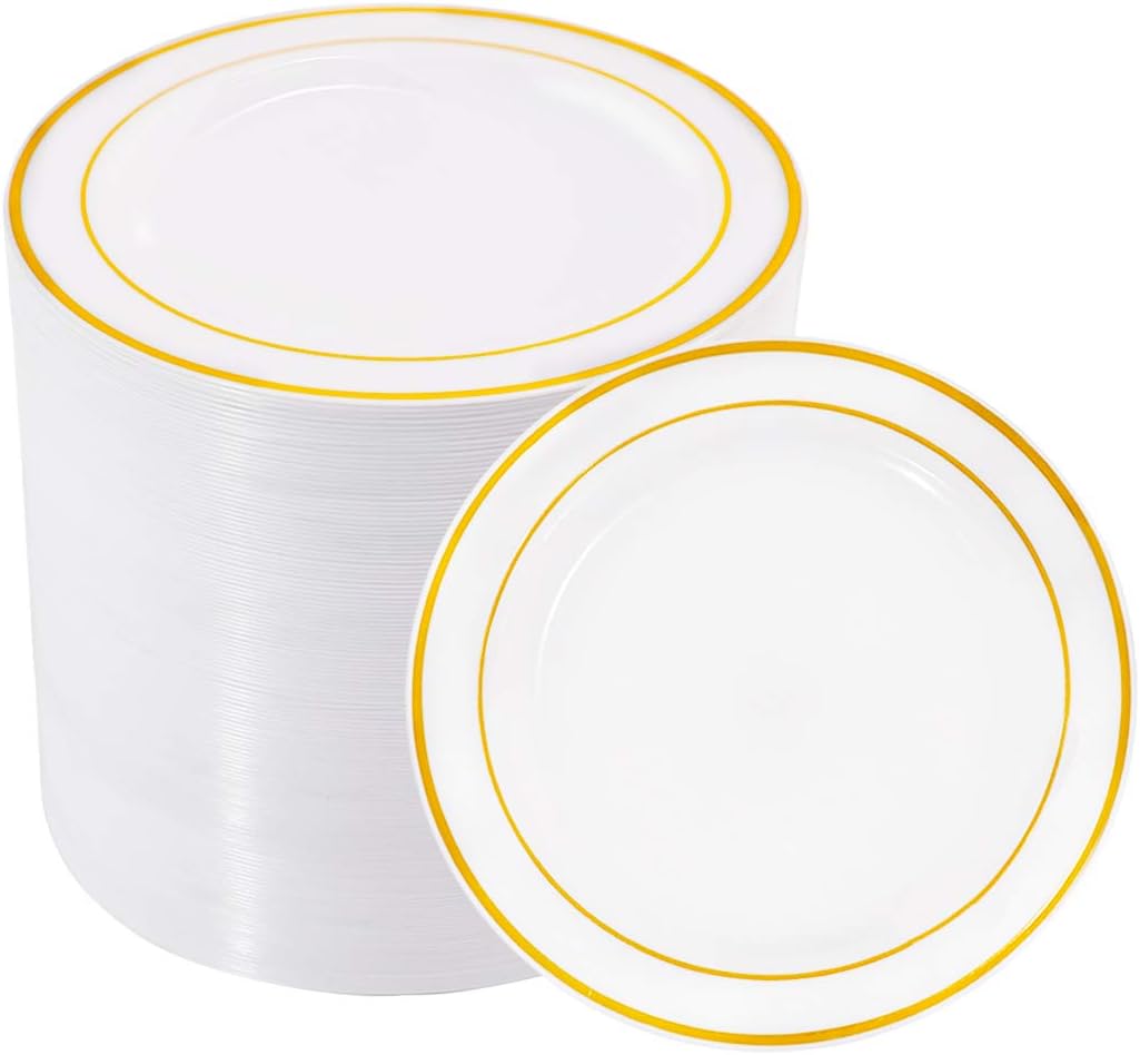 bUCLA 100Pieces Gold Plastic Plates -6.25inch Disposable Salad/Dessert Plates- White with Gold Rim Premium Hard Plastic Appetizer Plates/Small Cake Plates for Weddings& Parties