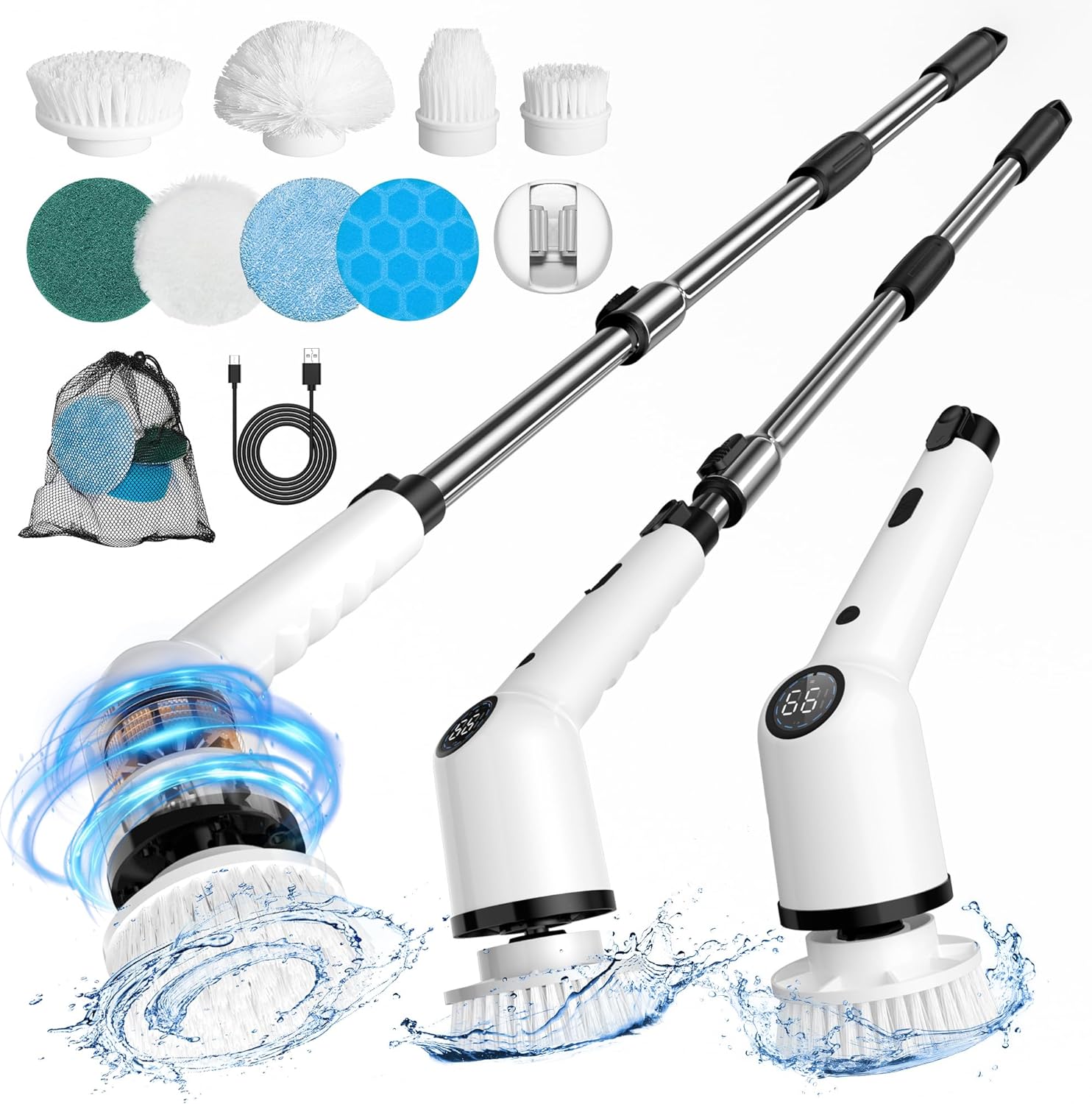 Electric Spin Scrubber with Long Handle, Cordless Bathroom Scrubber, 8 Replacement Heads, 3 Adjustable Speeds, Shower Cleaning Brush w/Adjustable & Detachable Handle for Bathtub Tile Floor