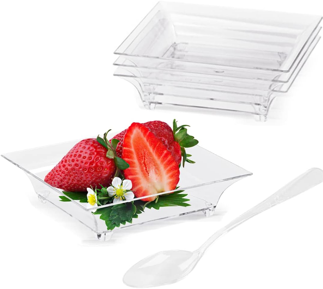 TOFLEN 100ct Mini Dessert Plates with Tasting Spoons, 2.5 Inch Small Reusable Clear Plastic Square Party Serving Hors D'oeuvres Plates for Appetizers (Square)