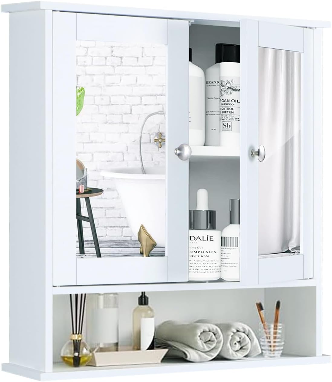 MFSTUDIO Modern Bathroom Wall Mounted Cabinets with Mirror, Hanging Medicine Storage Cabinet for Bathroom Living Room Kitchen, White