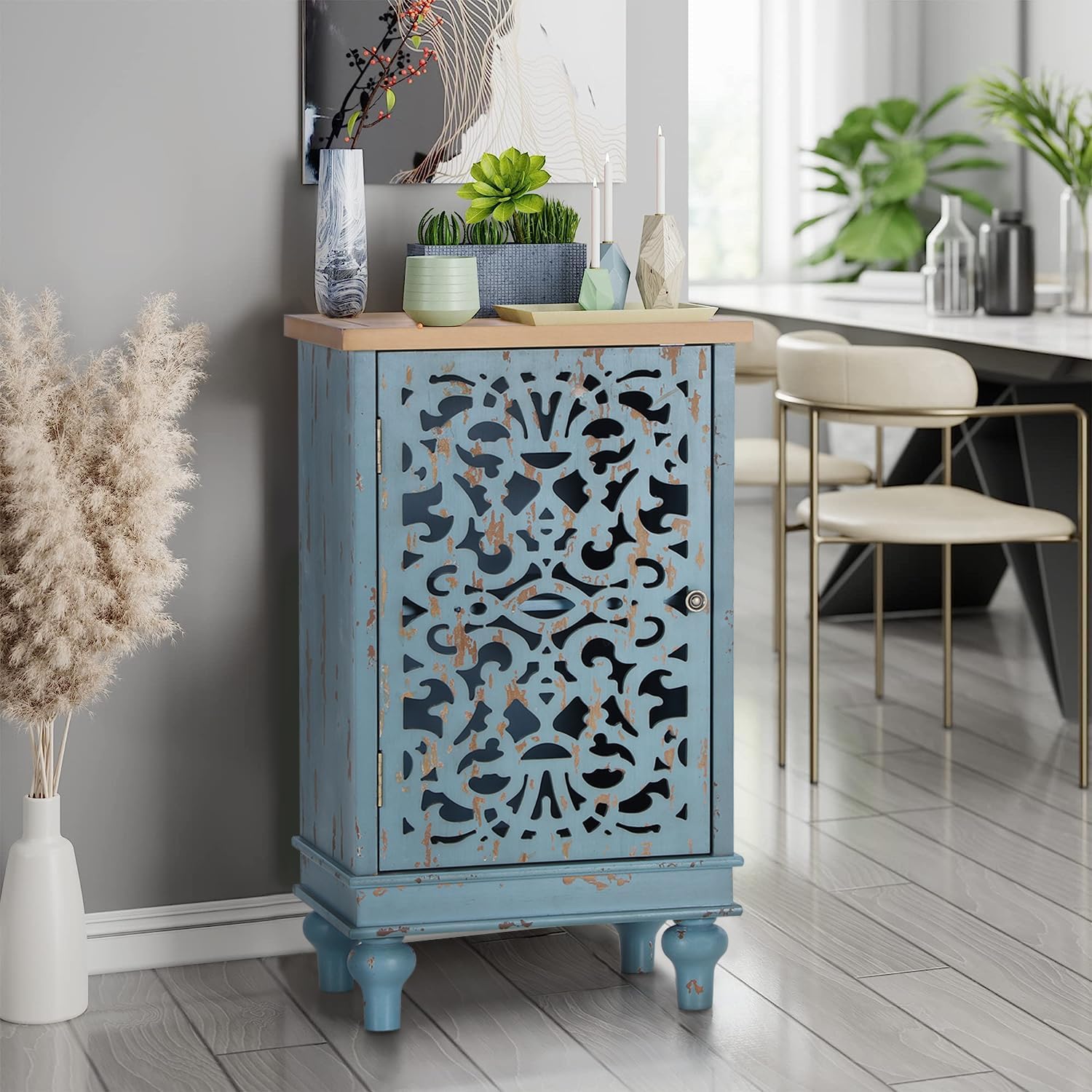 MFSTUDIO Small Accent Storage Cabinet with 1 Door, Farmhouse Hollow-Carved Floral Distressed Decorative Wood Cabinet Nightstand Side Table Sofa Table for Living Room, 13.8 Dx18.9 Wx31.5 H, Blue