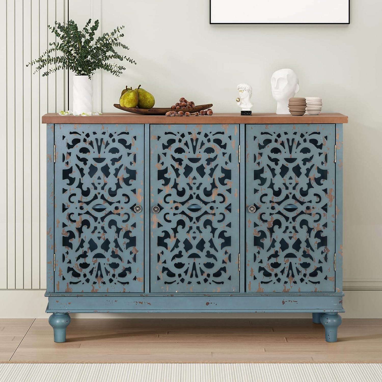 MFSTUDIO Accent Wood Storage Cabinet Arts Buffet Sideboard Carved Organizer with 3 Doors Storage Decorative Cabinet for Living Room Farmhouse Kitchen Stand Entryway Hallway, 13 Dx41.7 Wx31.5 H, Blue