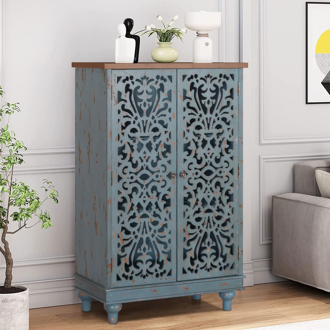 MFSTUDIO Accent Tall Wood Storage Cabinet Buffet Sideboard Hollow-Carved Floral 2 Doors Distressed Decorative for Living Room Kitchen Stand Entryway Hallway, 13.8 Dx31.5 Wx47.4 H, Blue