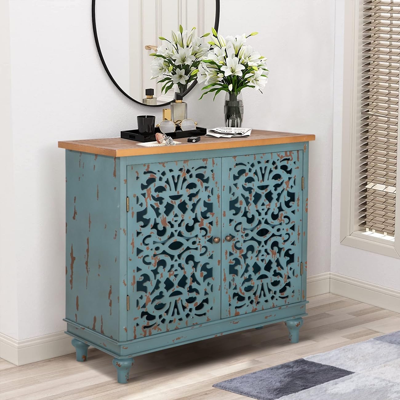 MFSTUDIO Accent Storage Cabinet Buffet Cabinet, Distressed Wooden and Hollow-Carved Floral Sideboard Storage Organizer with 2 Doors, Display Storage for Living Room Entryway Floor Kitchen Blue Large