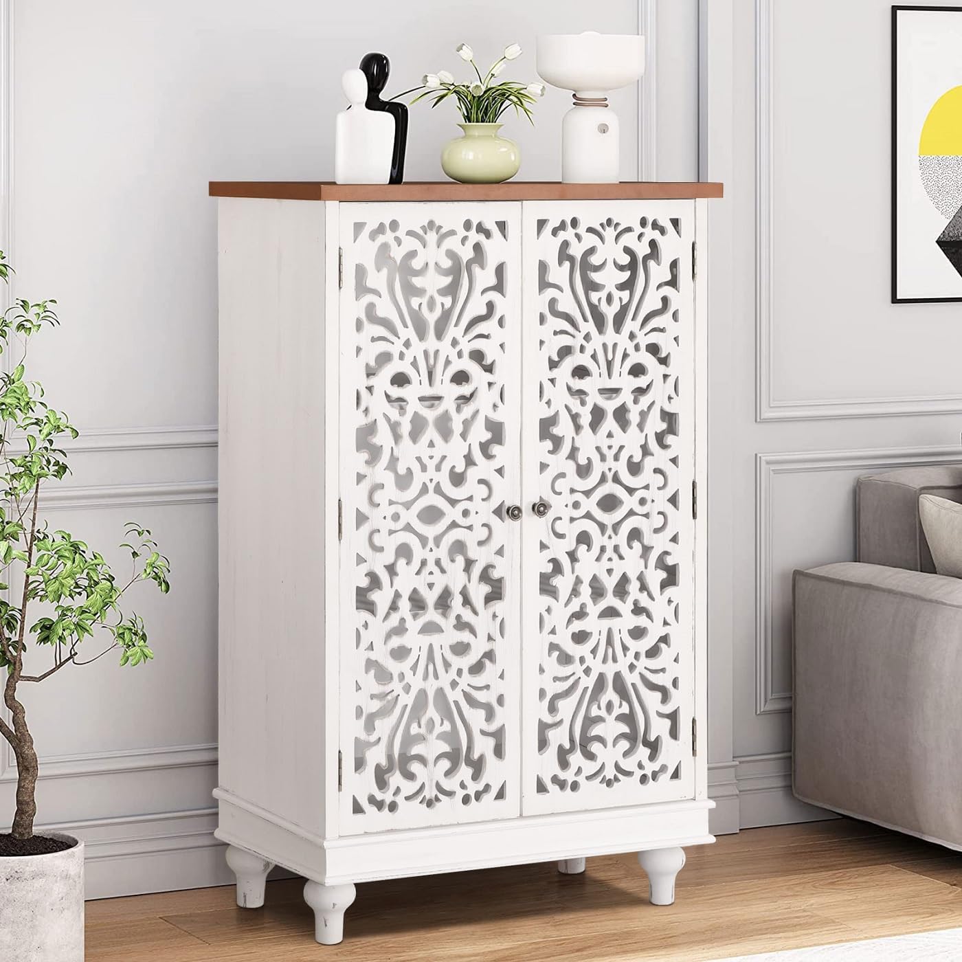 MFSTUDIO Accent Tall Wood Storage Cabinet Buffet Sideboard Hollow-Carved Floral 2 Doors Distressed Decorative for Living Room Kitchen Stand Entryway Hallway, 13.8 Dx31.5 Wx47.4 H, White