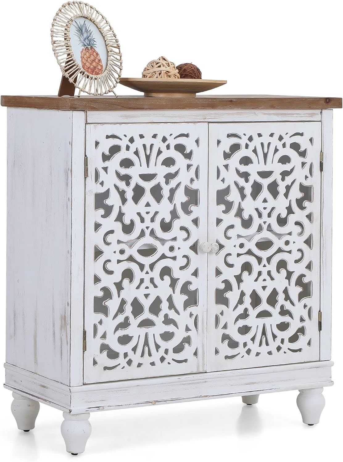 MFSTUDIO Accent Storage Cabinet Buffet Cabinet, Distressed Wooden and Hollow-Carved Floral Sideboard Storage Organizer with 2 Doors, Display Storage for Living Room Entryway Floor Kitchen White Large