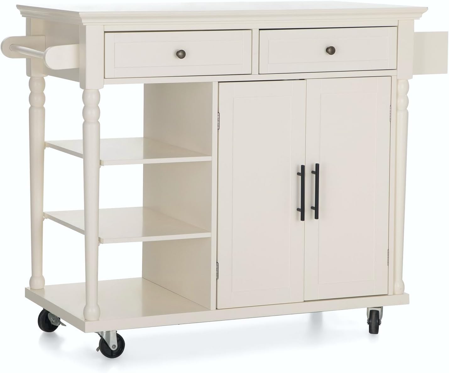 MFSTUDIO Rolling Kitchen Island Cart on Wheels, Mobile Kitchen Cart Trolley Cart with Open Shelves, Drawers, Towel and Spice Rack, Portable Storage Island Cart for Dining Room, Ivory