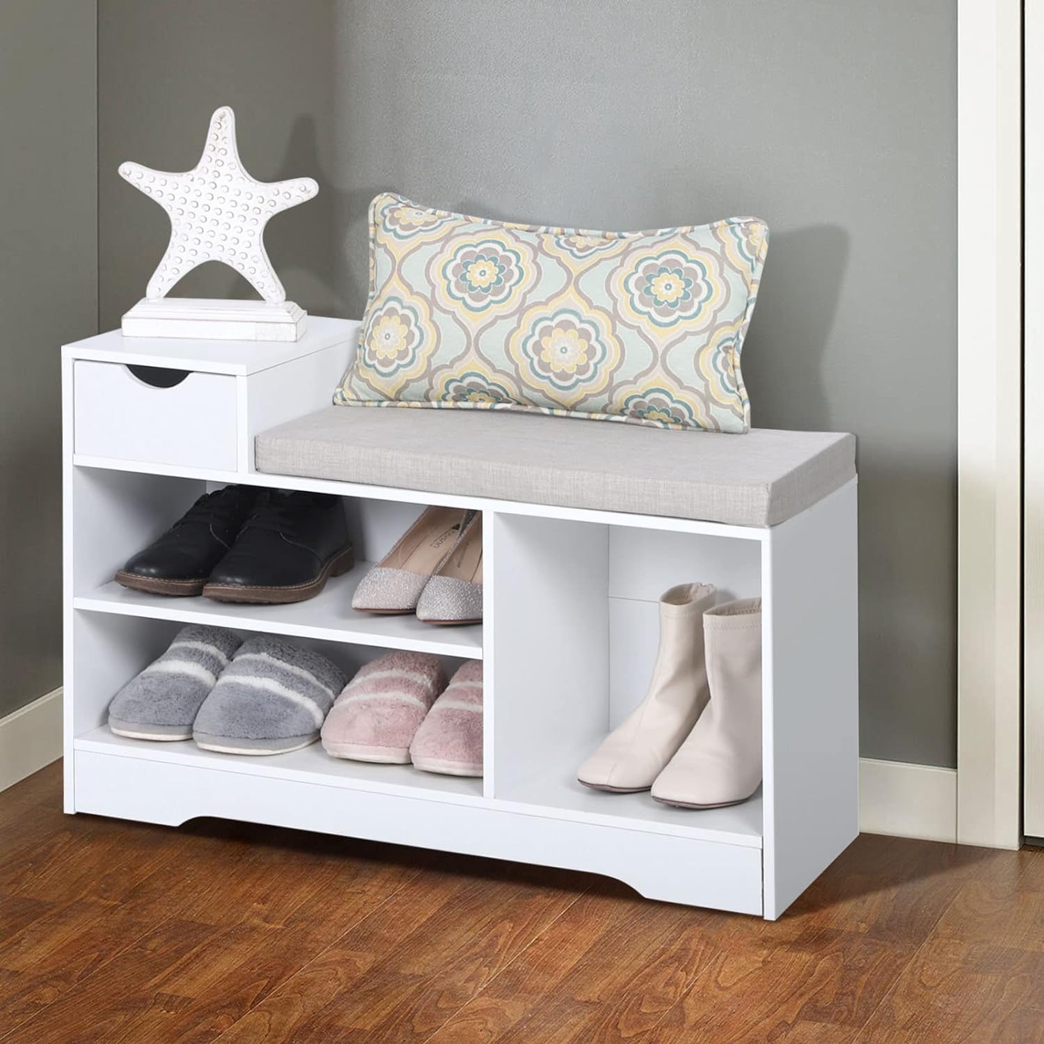 MFSTUDIO Shoe Storage Bench, Shoe Entryway Bench with Seating Cushion and Adjustable Shelves, Freestanding Shoe Rack Organizer for Entryway Hallway Living Room Bedroom, White