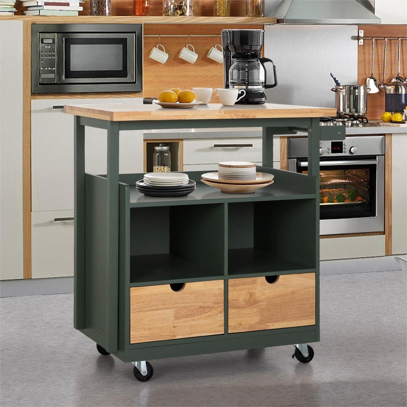 MFSTUDIO Rolling Kitchen Island on Wheels, Mobile Kitchen Cart Trolley Cart with Rubberwood Tabletop and Open Shelves, Butcher Block Island Storage Cart for Dining Room, Green