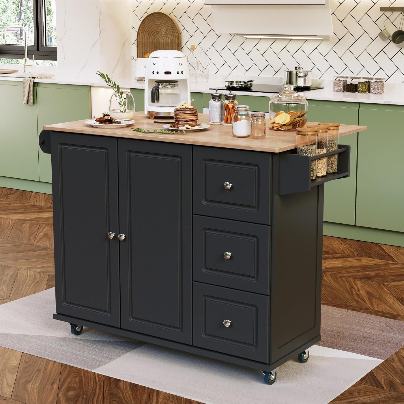 MFSTUDIO Rolling Kitchen Island on Wheels with Drop-Leaf, Mobile Kitchen Island Cart with 3 Drawers Storage Cabinet, Wood Countertop, Adjustable Shelf, Towel Bar and Spice Rack for Dining Room, Black