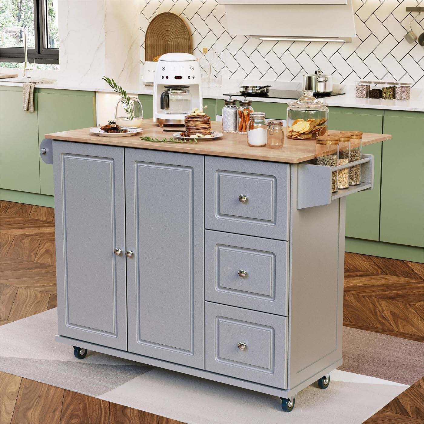 MFSTUDIO Rolling Kitchen Island on Wheels with Drop-Leaf, Mobile Kitchen Island Cart with 3 Drawers Storage Cabinet, Wood Countertop, Adjustable Shelf, Towel Bar and Spice Rack for Dining Room, Grey