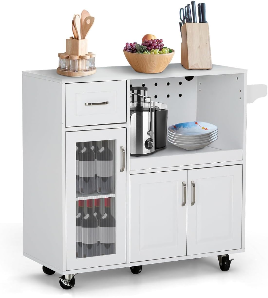 MFSTUDIO Rolling Kitchen Island on Wheels, Mobile Kitchen Cart Trolley Cart with Extendable Shelf, Drawers and Towel Rack, Portable Storage Island Cart for Dining Room, White