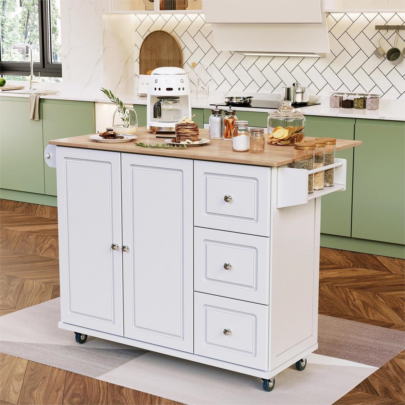MFSTUDIO Rolling Kitchen Island on Wheels with Drop-Leaf, Mobile Kitchen Island Cart with 3 Drawers Storage Cabinet, Wood Countertop, Adjustable Shelf, Towel Bar and Spice Rack for Dining Room, White