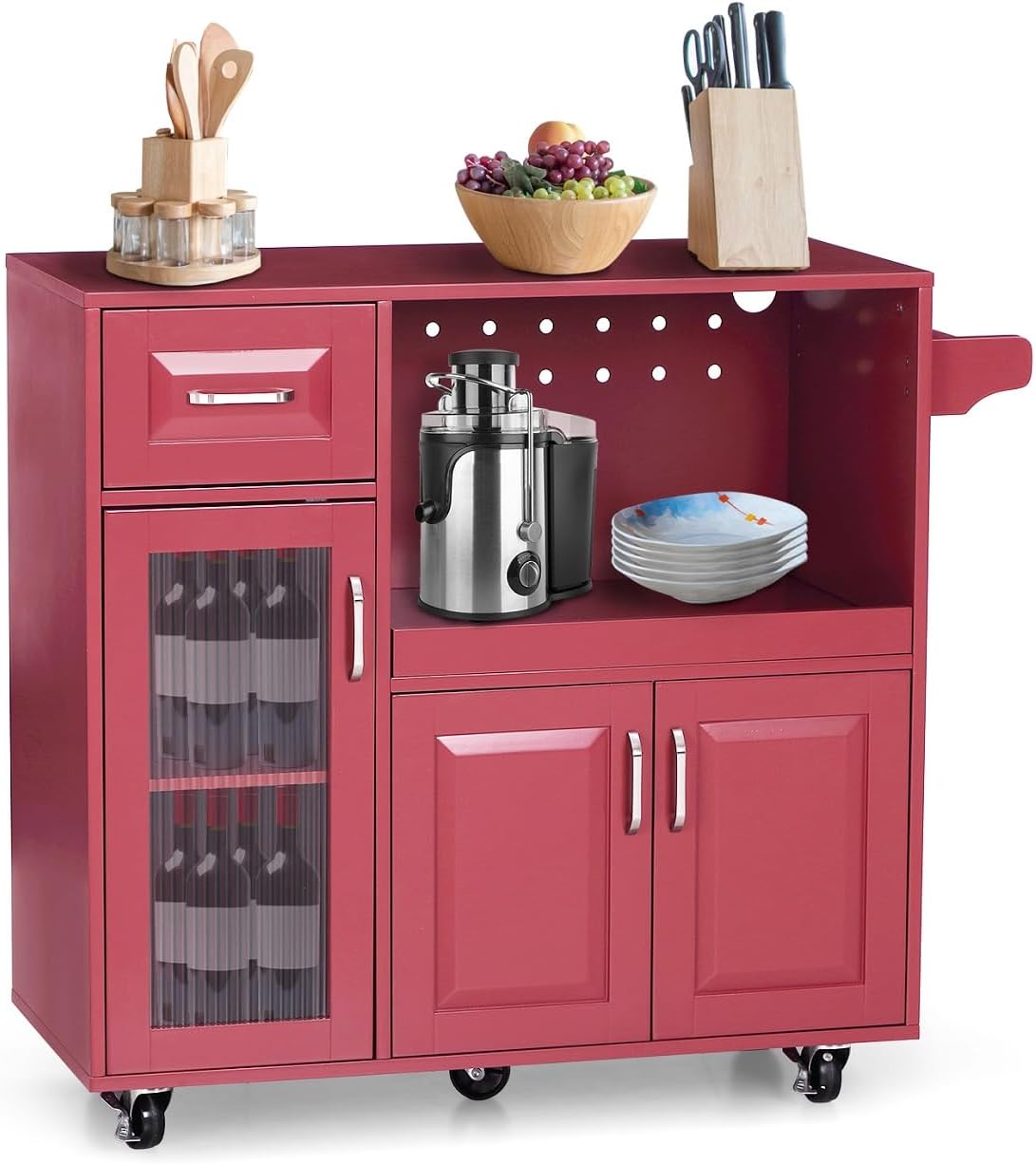MFSTUDIO Rolling Kitchen Island on Wheels, Mobile Kitchen Cart Trolley Cart with Extendable Shelf, Drawers and Towel Rack, Portable Storage Island Cart for Dining Room, Burgundy