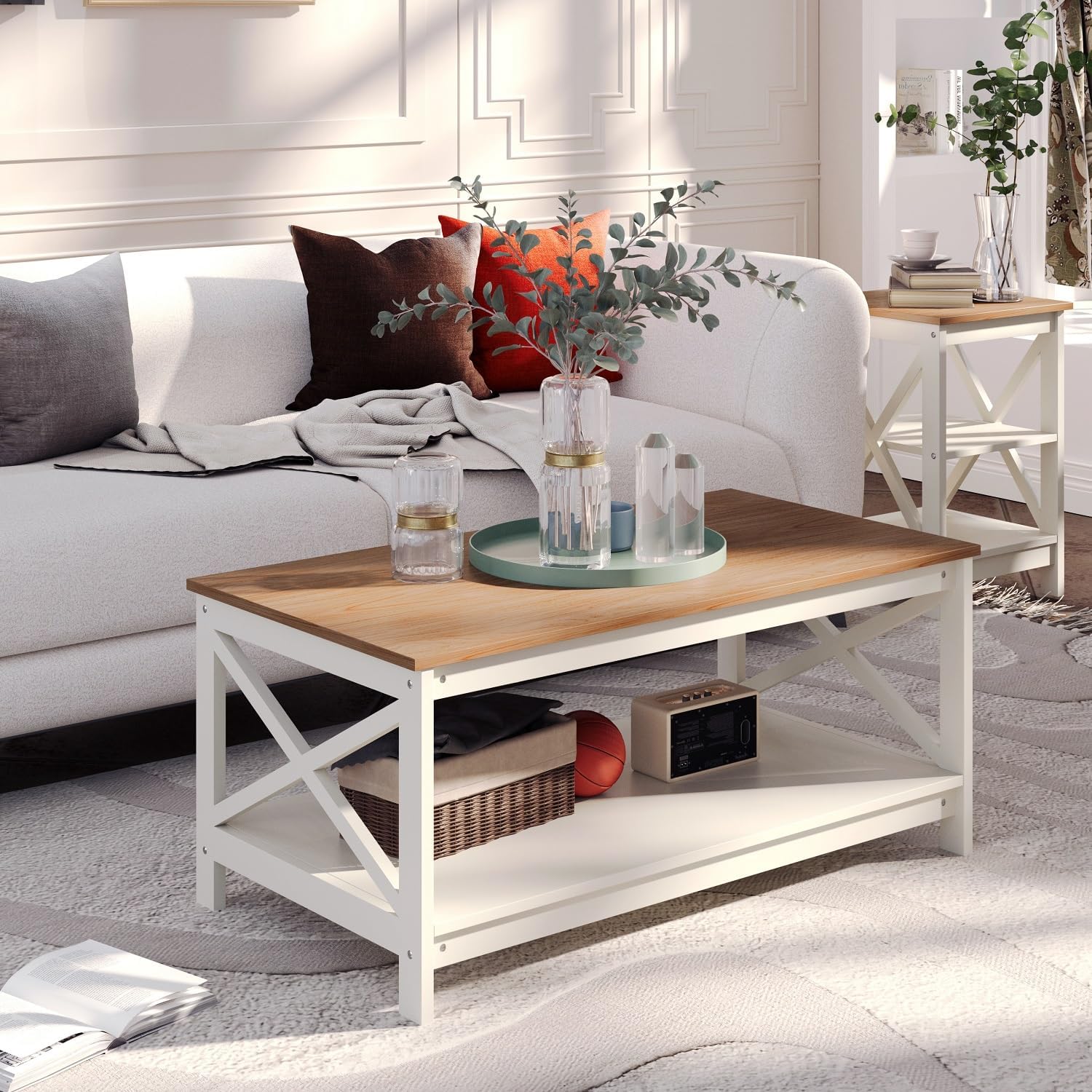 MFSTUDIO Farmhouse Coffee Table with Open Storage Shelf, 2-Tier Wood Center Table for Living Room, Sturdy X Shaped Rectangle Modern Cocktail Table, 40 inch, Ivory