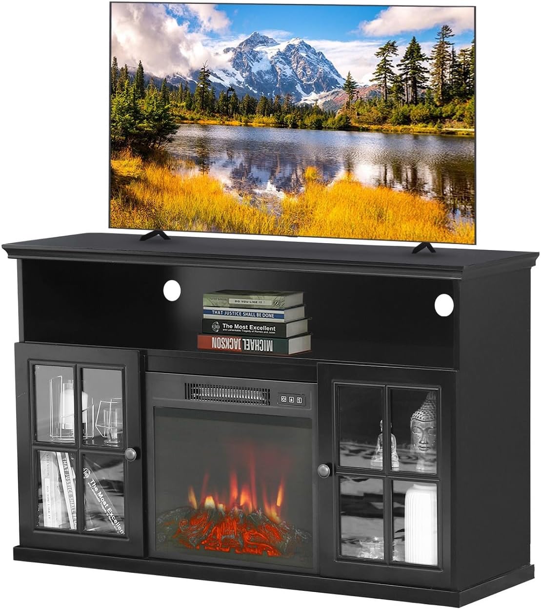 MFSTUDIO Farmhouse Electric Fireplace TV Stand for TV' Up to 55 Media Entertainment Center Console with Insert Fireplace and Adjustable Shelves Storage Cabinet Chest for Living Room, Black