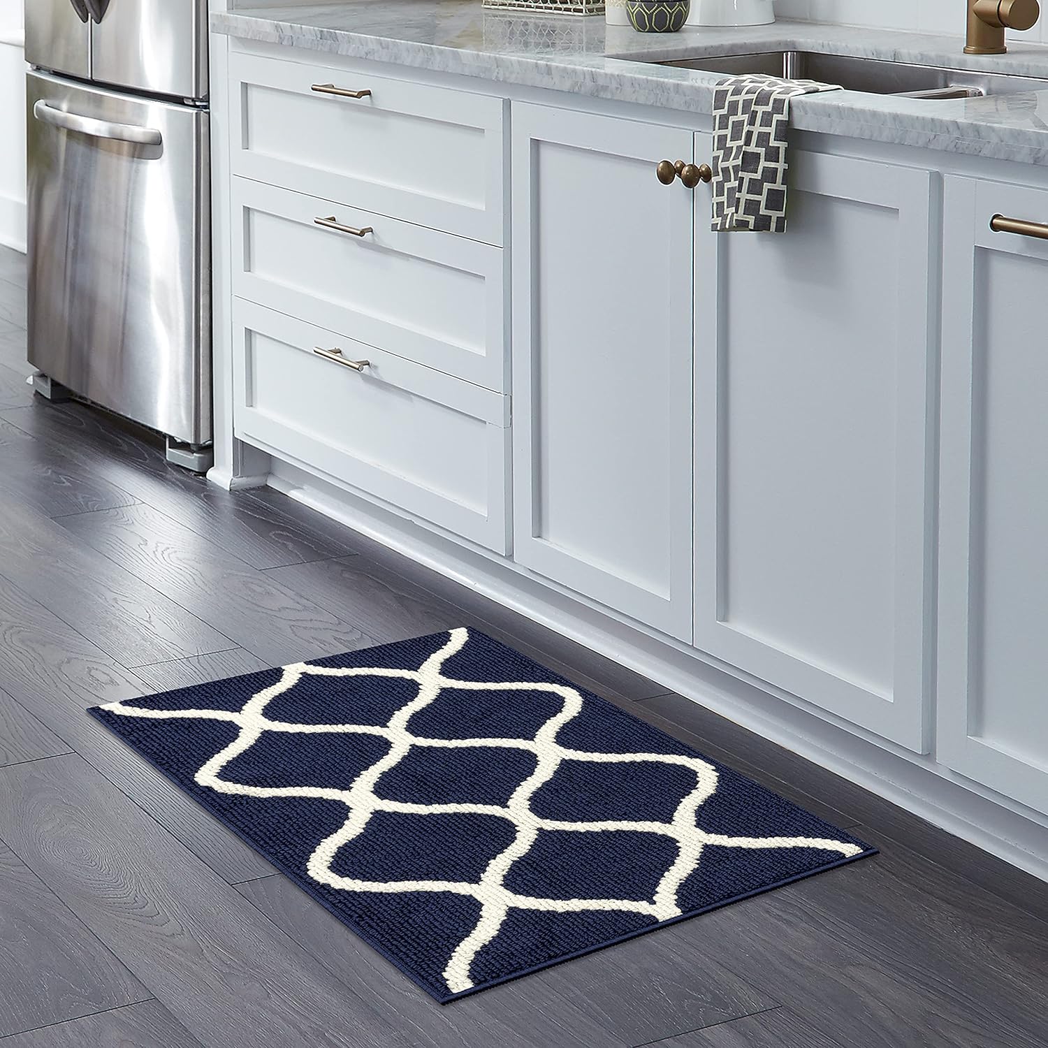 Maples Rugs Rebecca Contemporary Kitchen Rugs Non Skid Accent Area Carpet [Made in USA], 1'8 x 2'10, Navy Blue/White