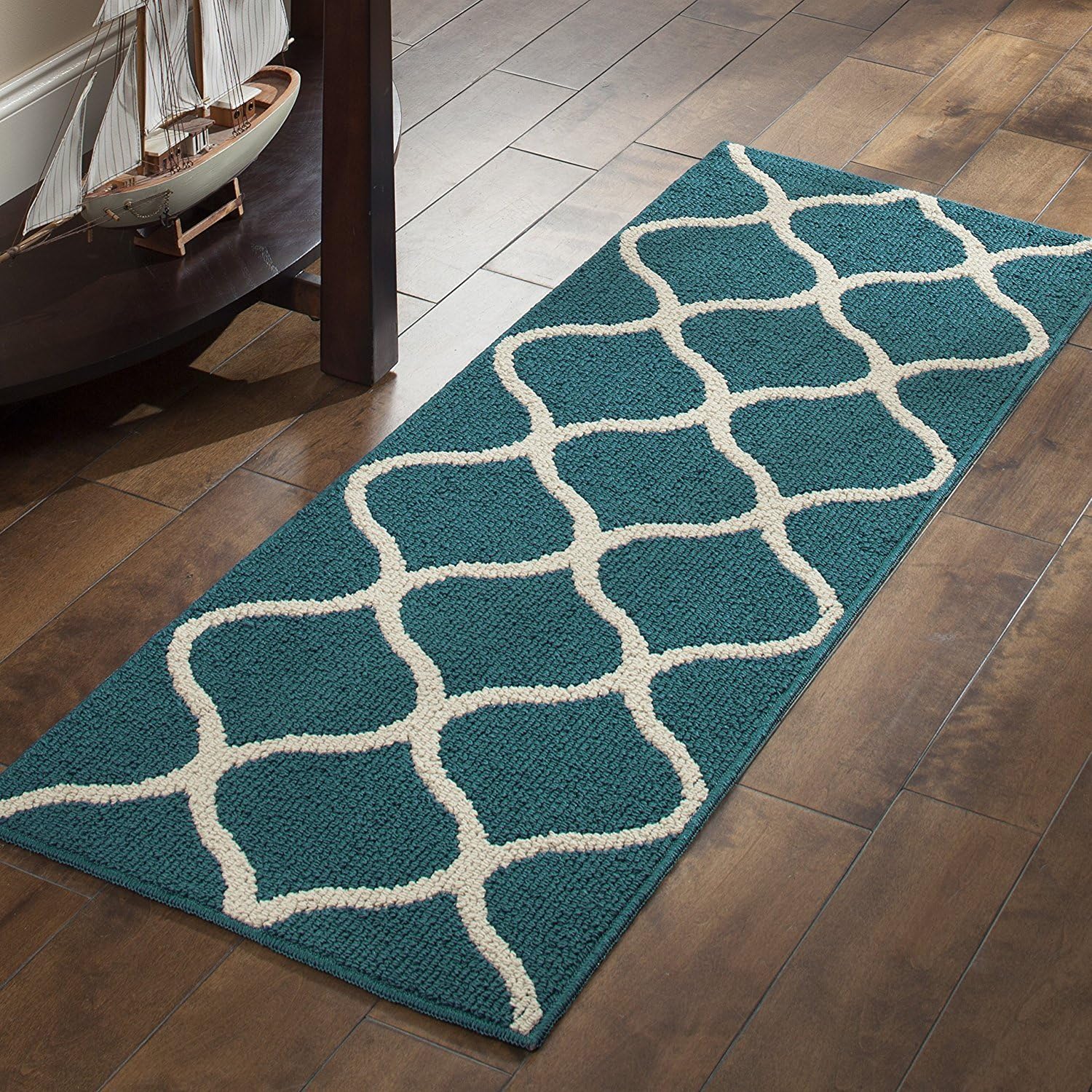 Maples Rugs Rebecca Contemporary Runner Rug Non Slip Hallway Entry Carpet [Made in USA], 1'9 x 5', Teal/Sand