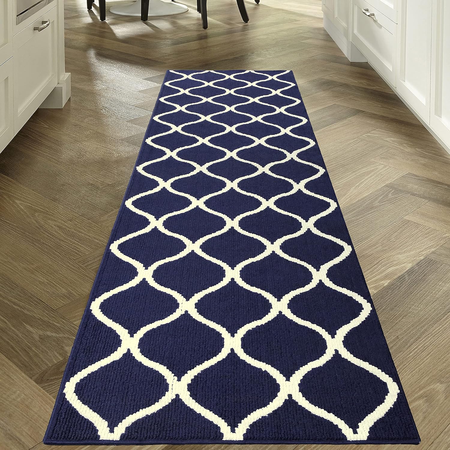 Maples Rugs Rebecca Contemporary Runner Rug Non Slip Hallway Entry Carpet [Made in USA], 2'6 x 10, Navy Blue/White