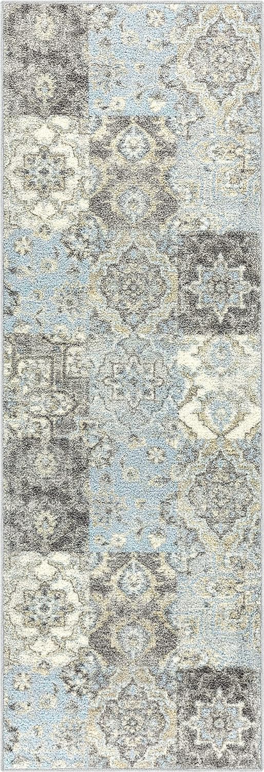 Maples Rugs Vintage Patchwork Distressed Non Slip Washable Runner Rug For Hallway Entry Way Floor Carpet [Made in USA], 2 x 6, Teal