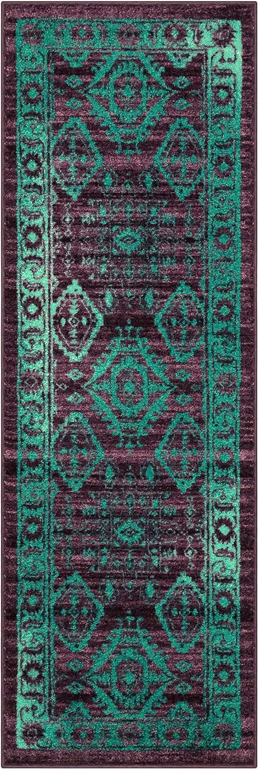 Maples Rugs Georgina Traditional Runner Non Slip Hallway Entry Rugs [Made in USA], Winberry/Teal, 2 x 6, 2 ft x 6 ft