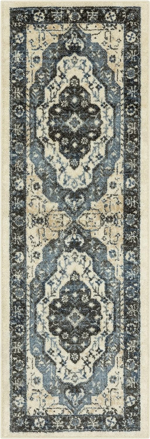 Maples Rugs Caprice Boho Medallion Hallway Entryway Runner Non Skid Runner Rug [Made in USA], Neutral/Blue, 2' x 6'