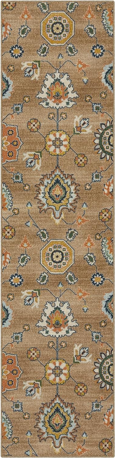 Maples Rugs Fleur Contemporary Motif Hallway Entryway Runner Non Skid Runner Rug [Made in USA], Neutral/Multi, 2' x 8'