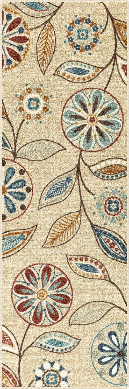 Maples Rugs Reggie Floral Runner Rug Non Slip Hallway Entry Carpet [Made in USA], 2' x 6', Beige