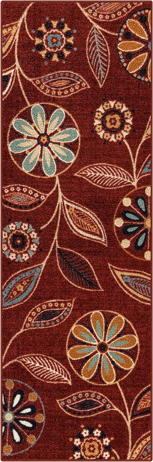 Maples Rugs Reggie Floral Runner Rug Non Slip Hallway Entry Carpet [Made in USA], 2' x 6', Merlot