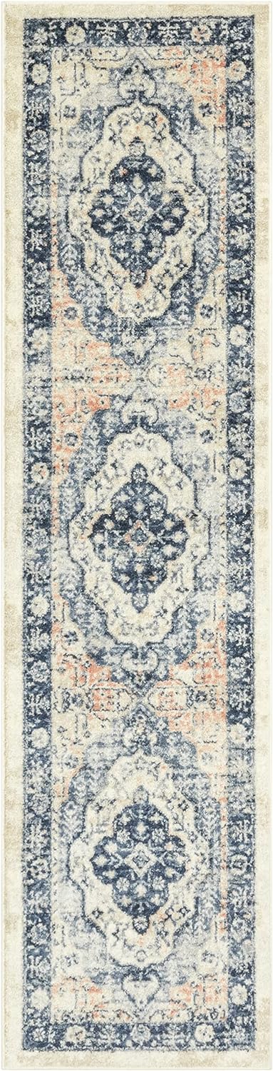 Maples Rugs Caprice Boho Medallion Hallway Entryway Runner Non Skid Runner Rug [Made in USA], Blue, 2' x 8'