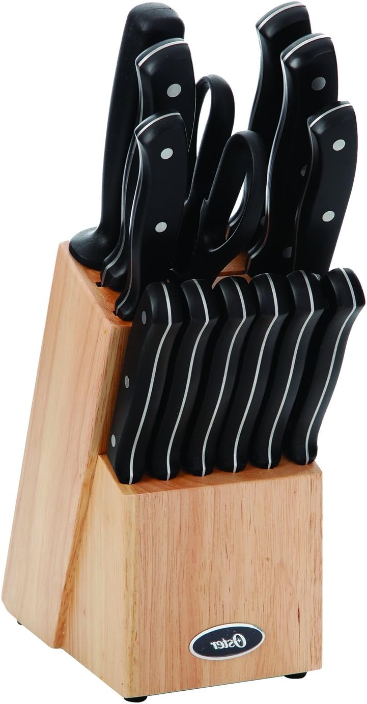 Oster Evansville 14 Piece Stainless Steel Cutlery Block Set, Black Handles