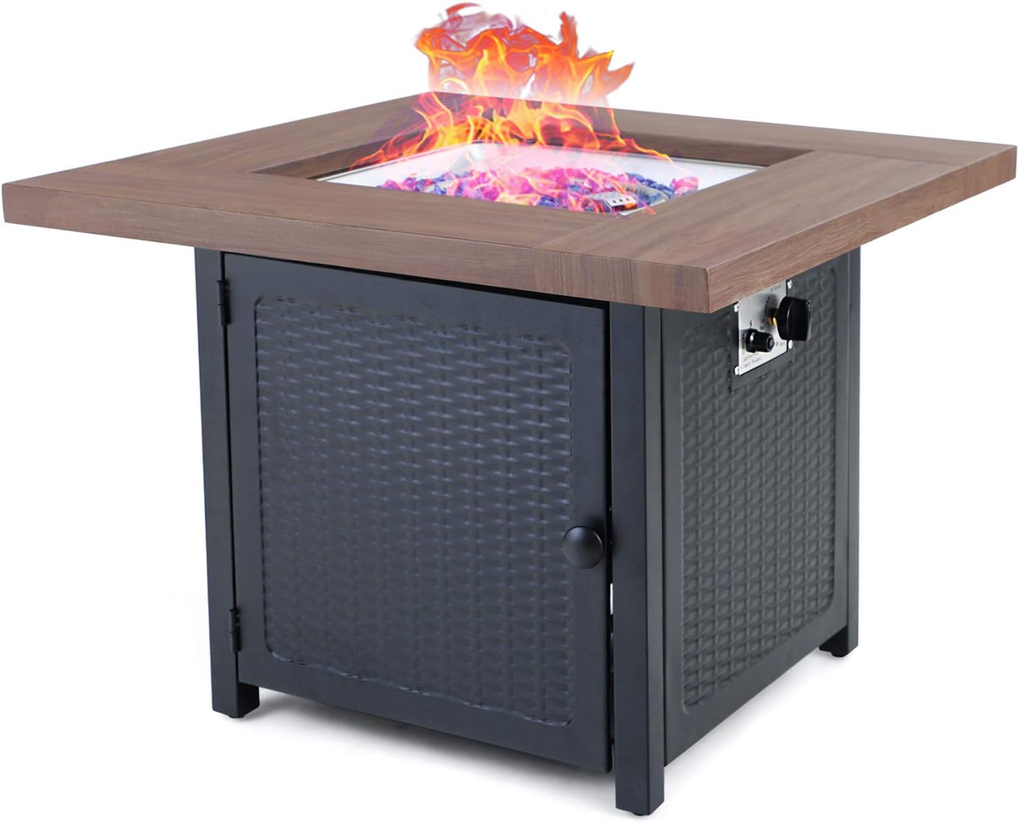 MFSTUDIO 34 inch 50000-BTU Brown Tabletop Gas Fire Pit Table, Steel Propane Square Fire Table with Lid and Blue Glass for Patio,Backyard and Balcony,Brown
