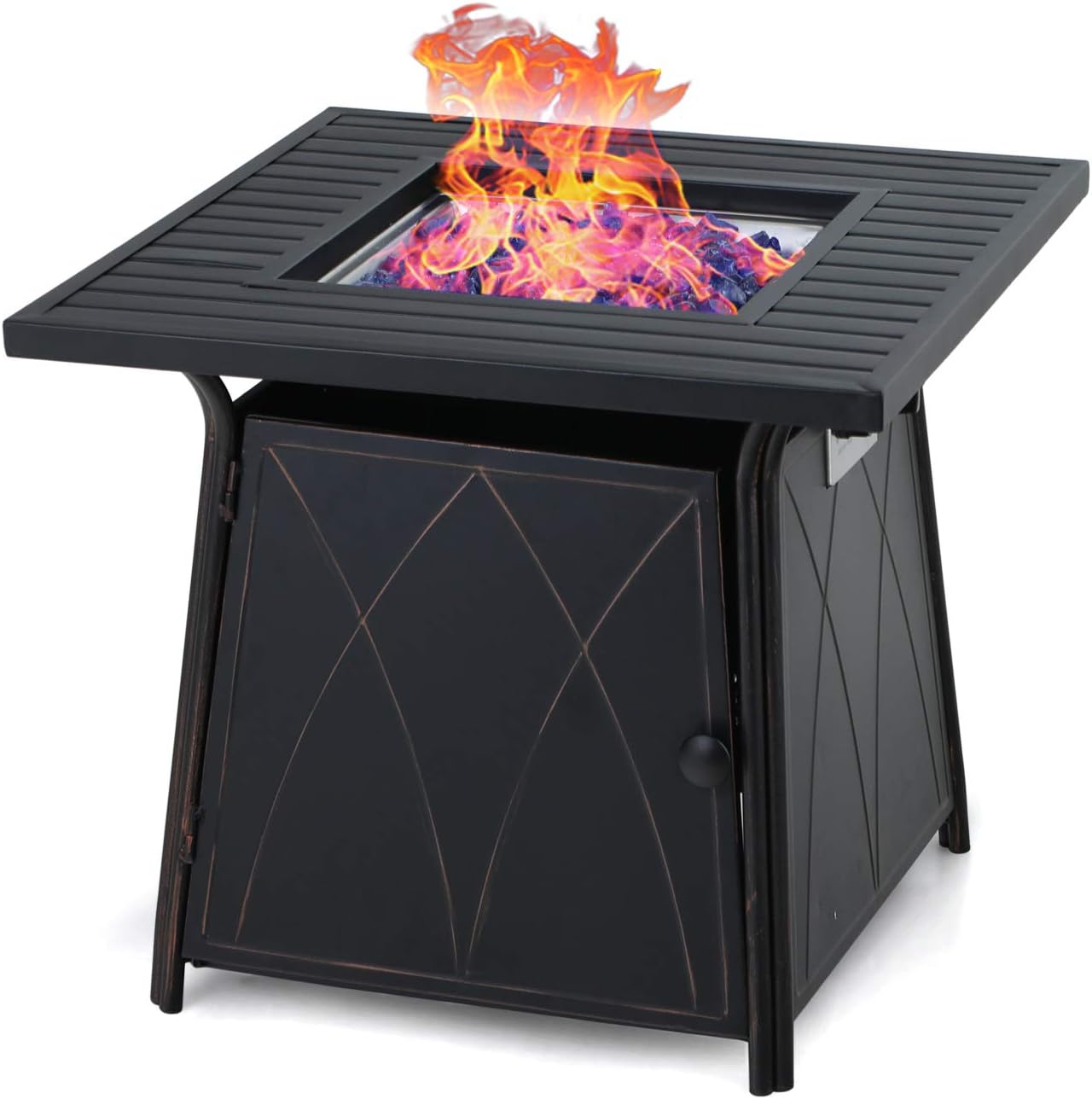 MFSTUDIO 28 Inch Gas Fire Pit Table,50000 BTU Propane Steel Striped Square Handpainting Treatment Fire Table with Lid and Blue Glass for Patio,Backyard and Balcony,Black
